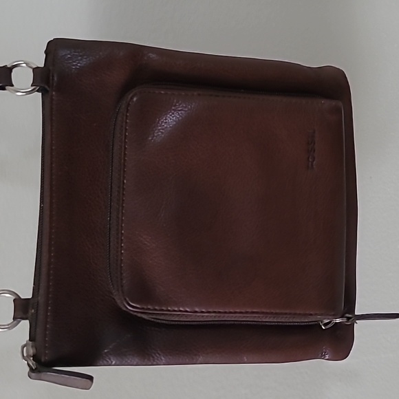 Fossil Handbags - Fossil Dark Brown Leather Crossbody Multi Zipper Pockets Bag